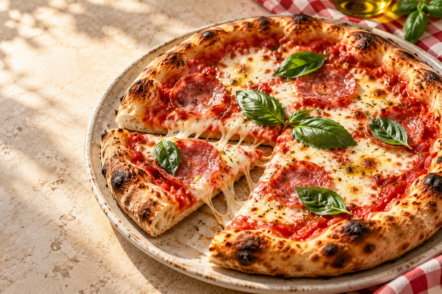 Meleg szalámis pizza olvadó sajttal és bazsalikommal – illusztráció