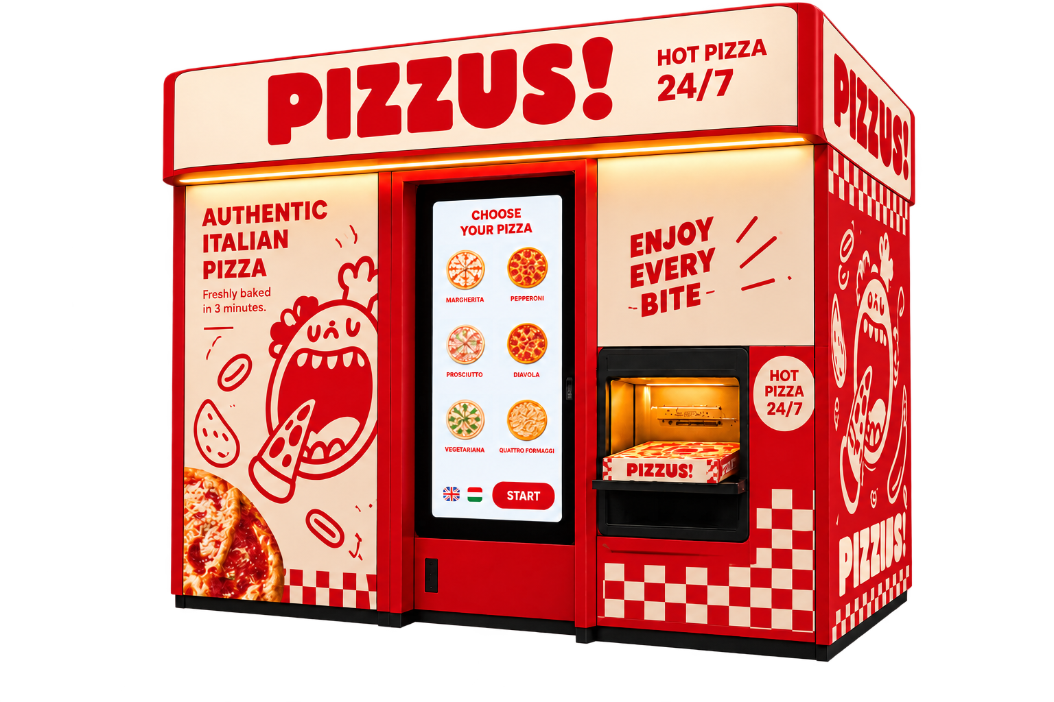 Piros és krémszínű PIZZUS! pizzaautomata arculati látványterve